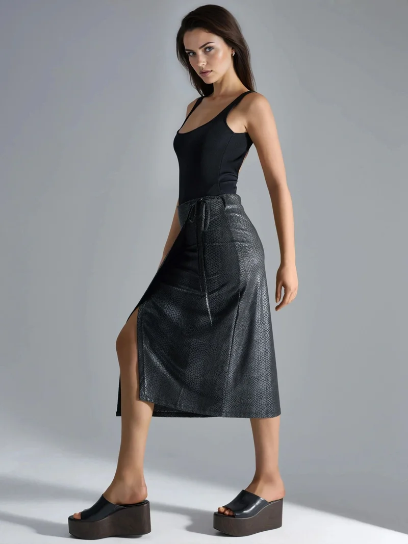 Busem BUSEM Faux Leather Midi Skirt with Bow Detail
